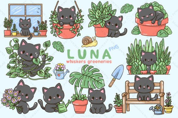 Download Kawaii Black Cat &amp; House Plants - Kawaii Collection